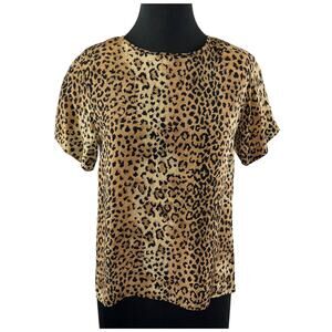 VINTAGE Allison Taylor Petite Brown Leopard Print Silk Short Sleeve Top Blouse S